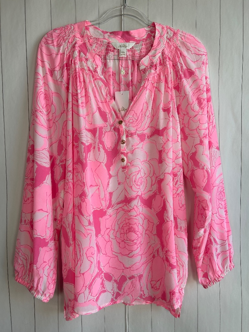 Lilly Pulitzer size XXL Elsa top blouse confetti pink Rosanna print 100% silk